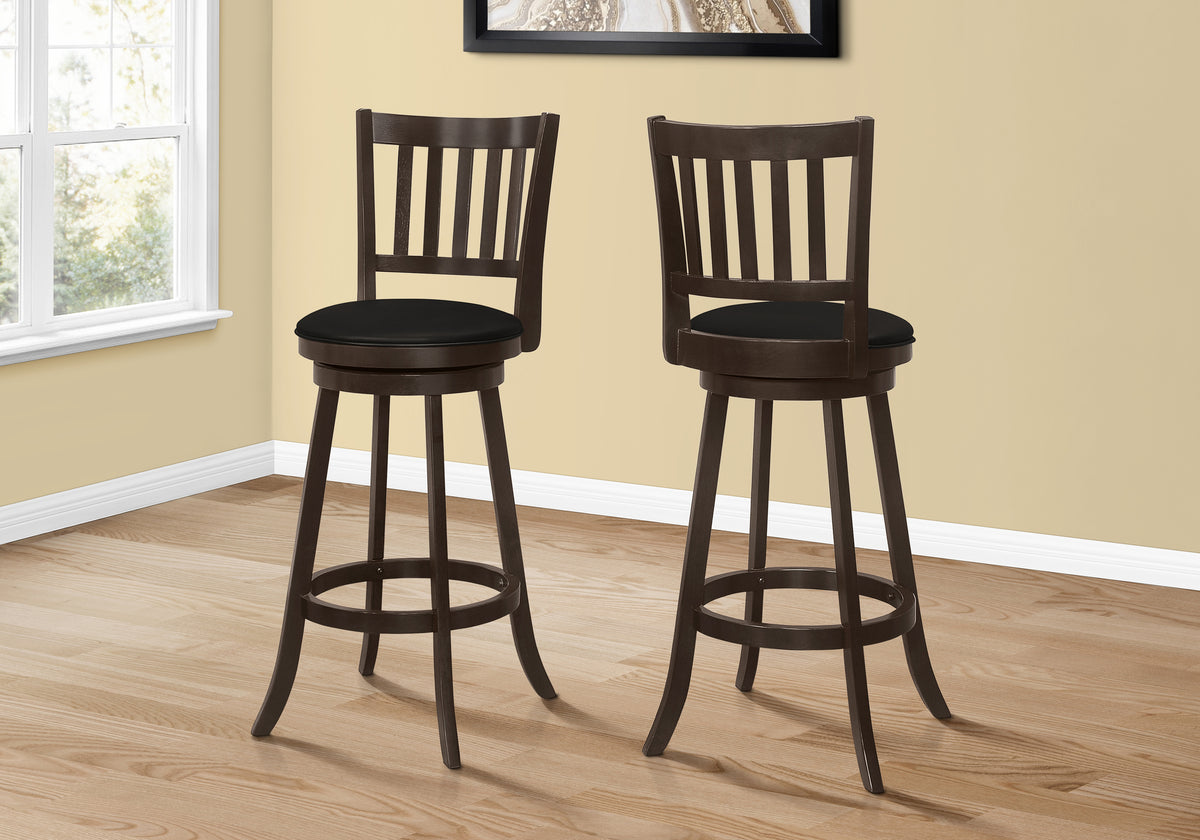 Bar Stool, Set Of 2, Swivel, Bar Height, Brown Wood, Black Leather Look, Transitional Espresso Foam Solid Wood