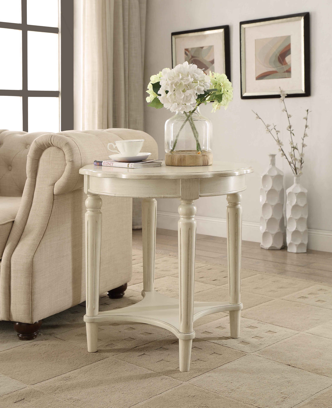 Antique White End Table With Bottom Shelf Antique White Primary Living Space Shelves Round Wood Metal