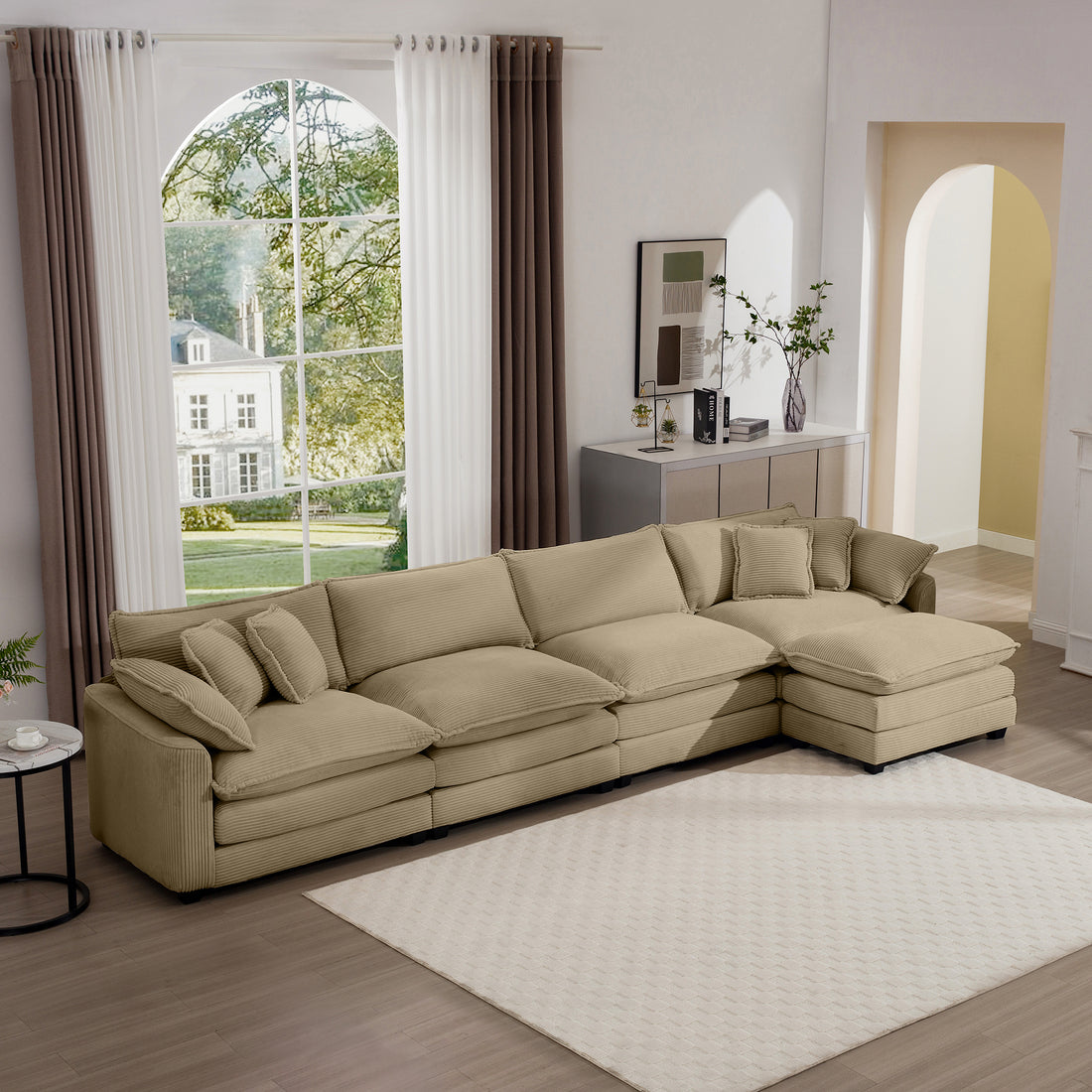 Corduroy Sofa Modern Upholstered 4 Seater With With 1 Footstool Corduroy Fabric Sofaoffice Living Room Apartment Comfort Sofa, Easy To Assemble With 2 Arm Pillows And 4 Throw Pillows Tan Corduroy 4 Seat