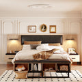 Queen Size Wood Platform Bed With Upholstered Headboard, Lights And Storage Nightstand, Bench, Walnut Box Spring Not Required Queen Walnut Wood Bedroom Bed Frame Faux Leather Solid Wood Mdf