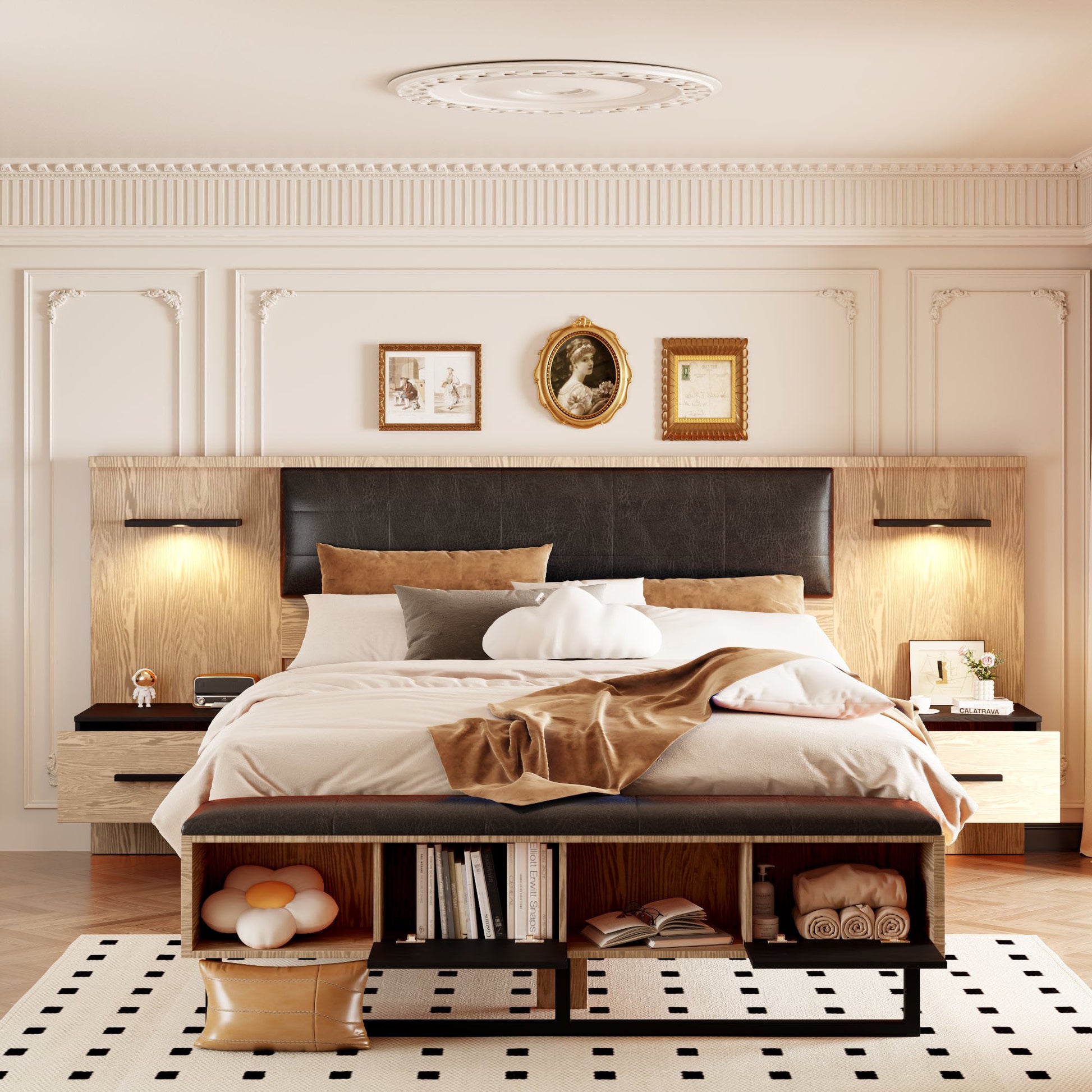Queen Size Wood Platform Bed With Upholstered Headboard, Lights And Storage Nightstand, Bench, Walnut Box Spring Not Required Queen Walnut Wood Bedroom Bed Frame Faux Leather Solid Wood Mdf