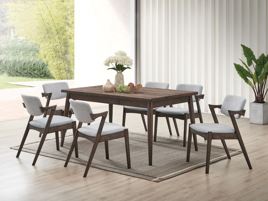 Modern 7Pc Dining Set Ash Walnut Finish Dining Table 6X Side Chairs Foam Cushion Fabric Upholstery Unique Back Design Wood Dining Room Rubberwood Rectangular Dining Table With Chair Upholstered Chair Wood Walnut Solid Back Seats 6