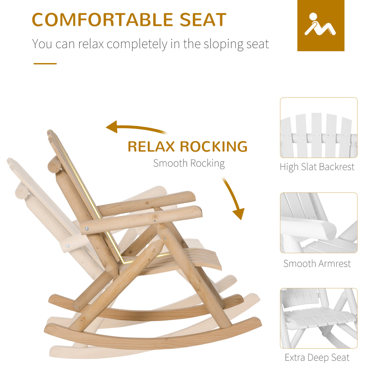 Outsunny Outdoor Wooden Rocking Chair, Single Person Rustic Adirondack Rocker With Slatted Seat, High Backrest, Armrests For Patio, Garden And Porch, Natural Natural Wood Wood