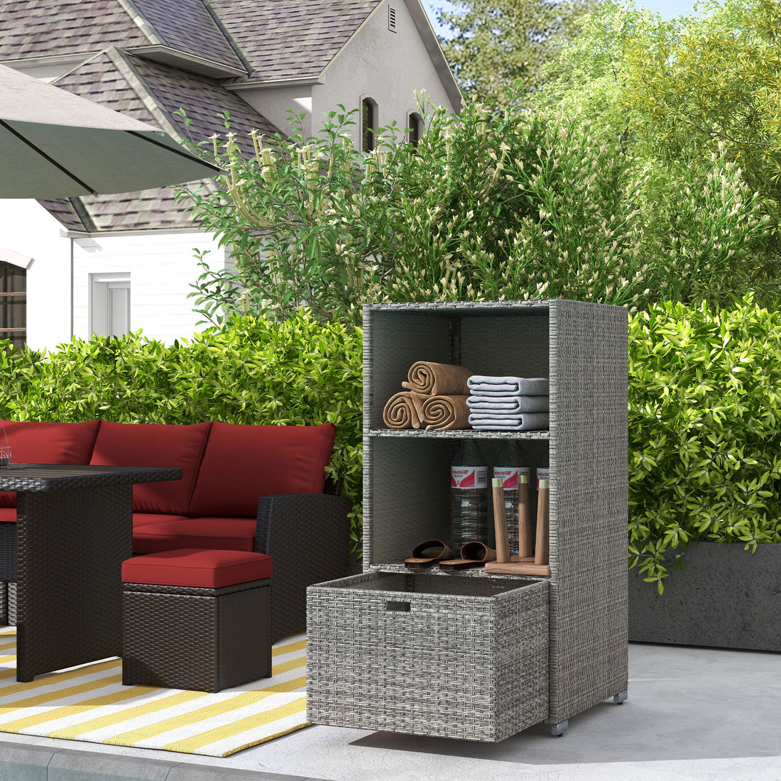 Outsunny Valet Pool Towel Rack, Waterproof Pe Plastic Rattan Wicker Storage Organizer, Indoor Outdoor Spa, And Hot Tub Accessory Storage, 2 Shelves, 1 Basket Drawer, Mixed Gray Dark Grey Rattan