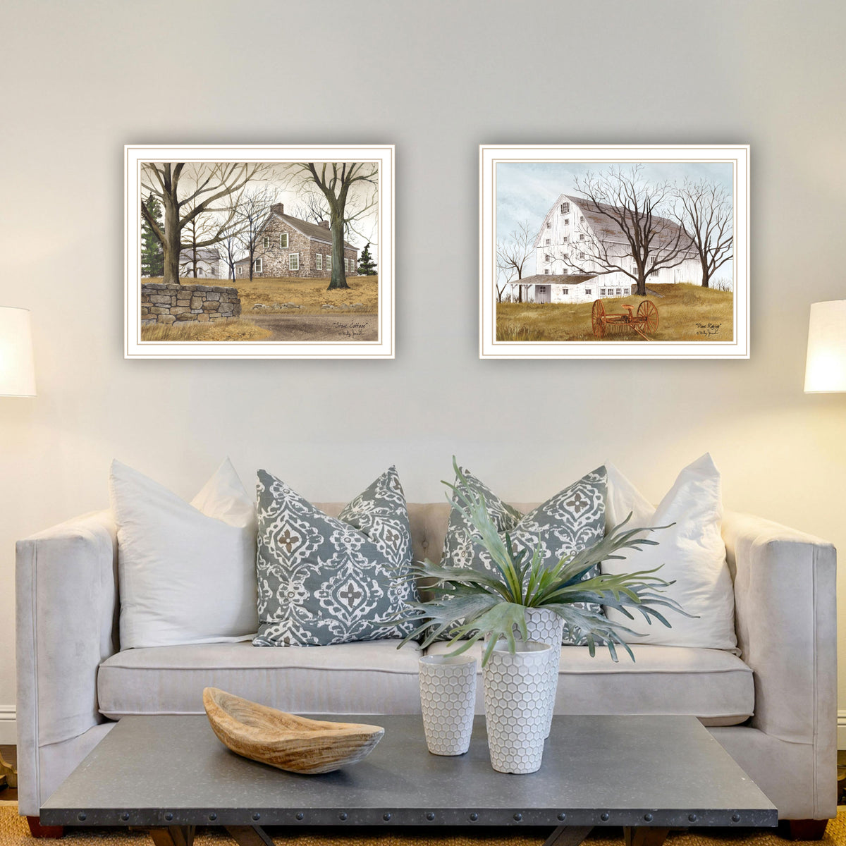 2 Piece Vignette Stone Cottage Farmhouse & White Wooden Barn With Hay Rake White Framed Wall Art For Living Room, Bedroom Wall Art Print For Home Decor By Billy Jacobs Multicolor Wood Paper