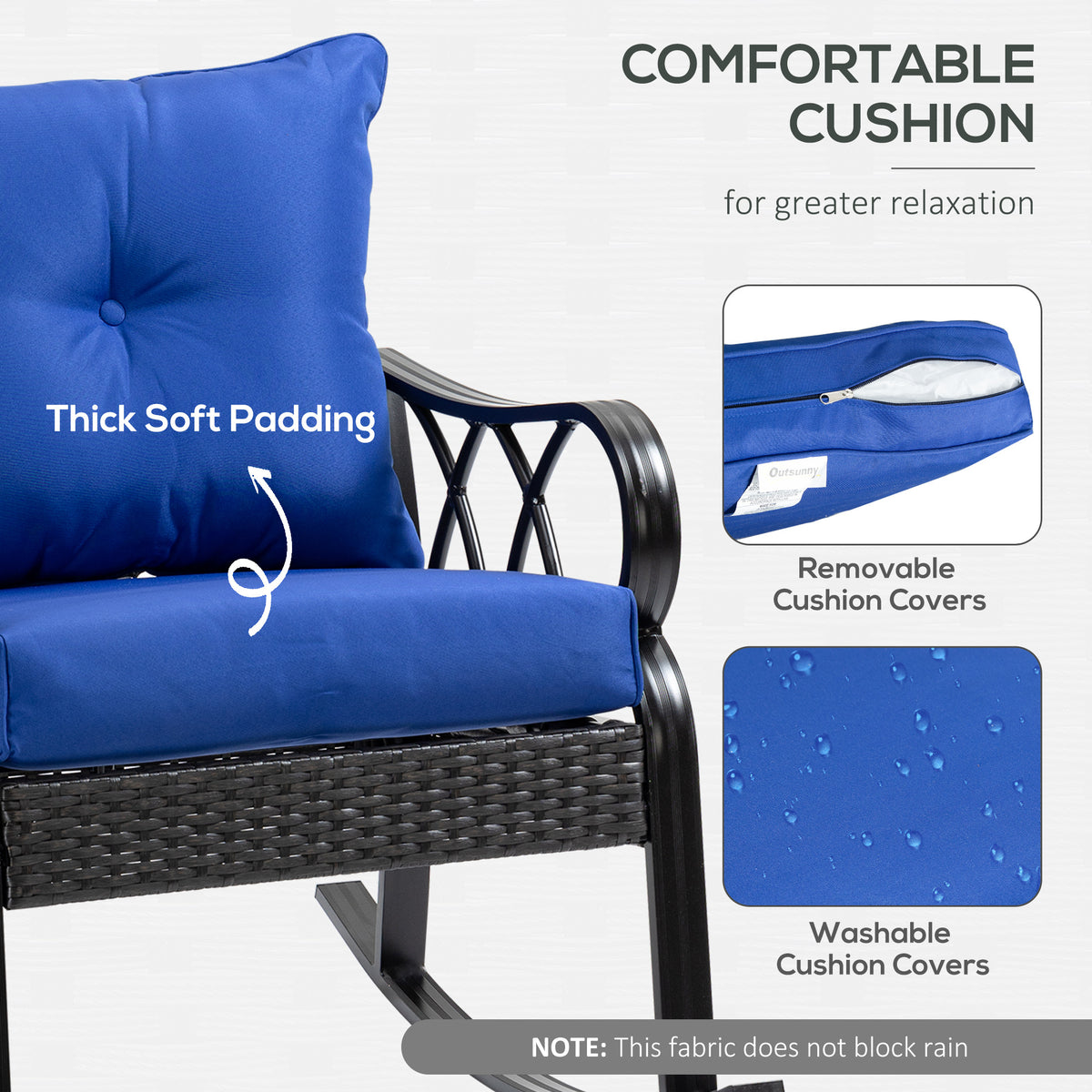 Outsunny Outdoor Wicker Rocking Chair With Padded Cushions, Aluminum Furniture Rattan Porch Rocker Chair W Armrest For Garden, Patio, And Backyard, Blue Blue Aluminum