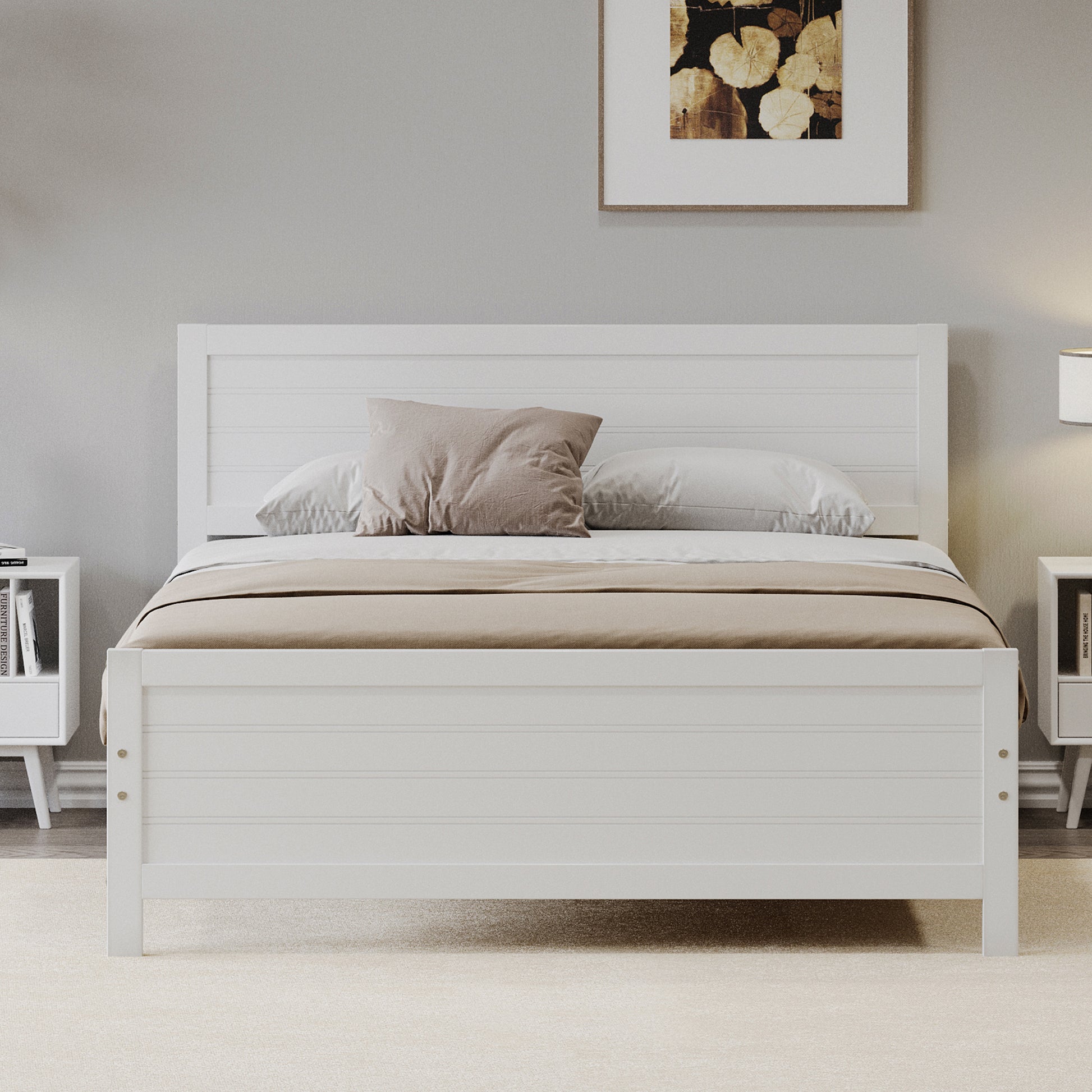 Wood Platform Bed Frame With Headboard, Mattress Foundation With Wood Slat Support, No Box Spring Needed, King Size, White Box Spring Not Required King White Wood Solid Wood Mdf