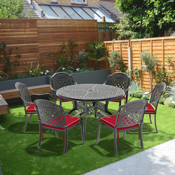 Cushions In Random Colors 7 Piece Set Of Cast Aluminum Patio Furniture With Cushions Yes Dining Set Black Seats 6 Rust Resistant Frame Water Resistant Cushion Garden & Outdoor Complete Patio Sets Aluminium