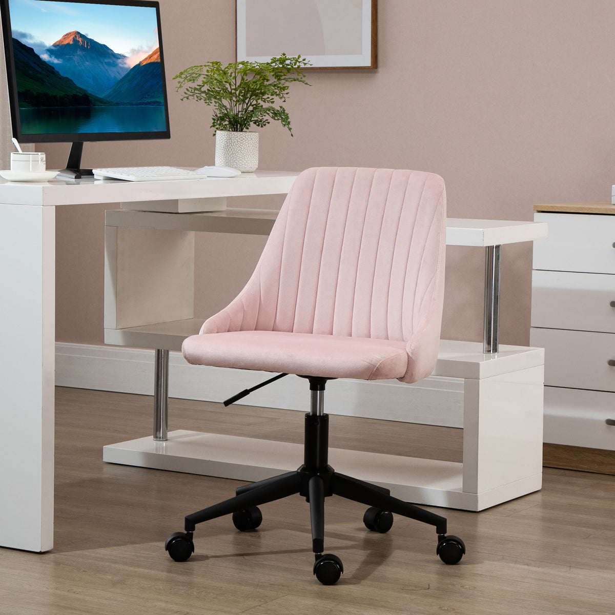 Vinsetto Mid Back Office Chair, Velvet Fabric Swivel Sop Shape Computer Desk Chair For Home Office Or Bedroom, Pink Pink Polyester