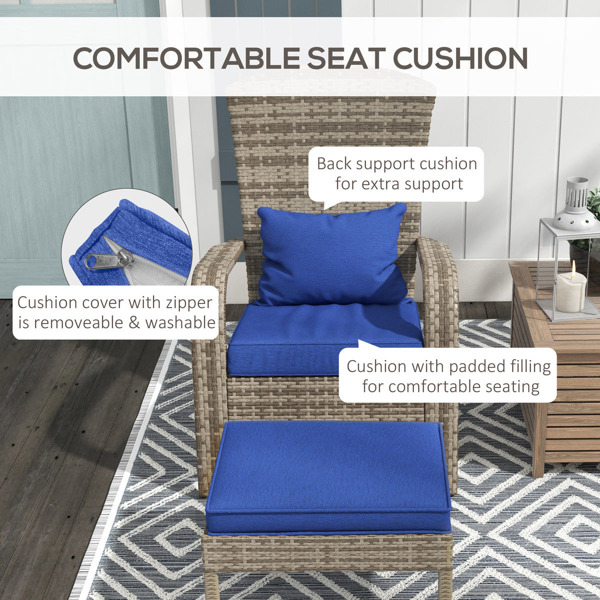 Outsunny Patio Wicker Adirondack Chair With Ottoman, Outdoor Fire Pit Chair With Cushions, High Back, Large Seat & Armrests For Deck, Garden & Backyard, Dark Blue Blue Steel