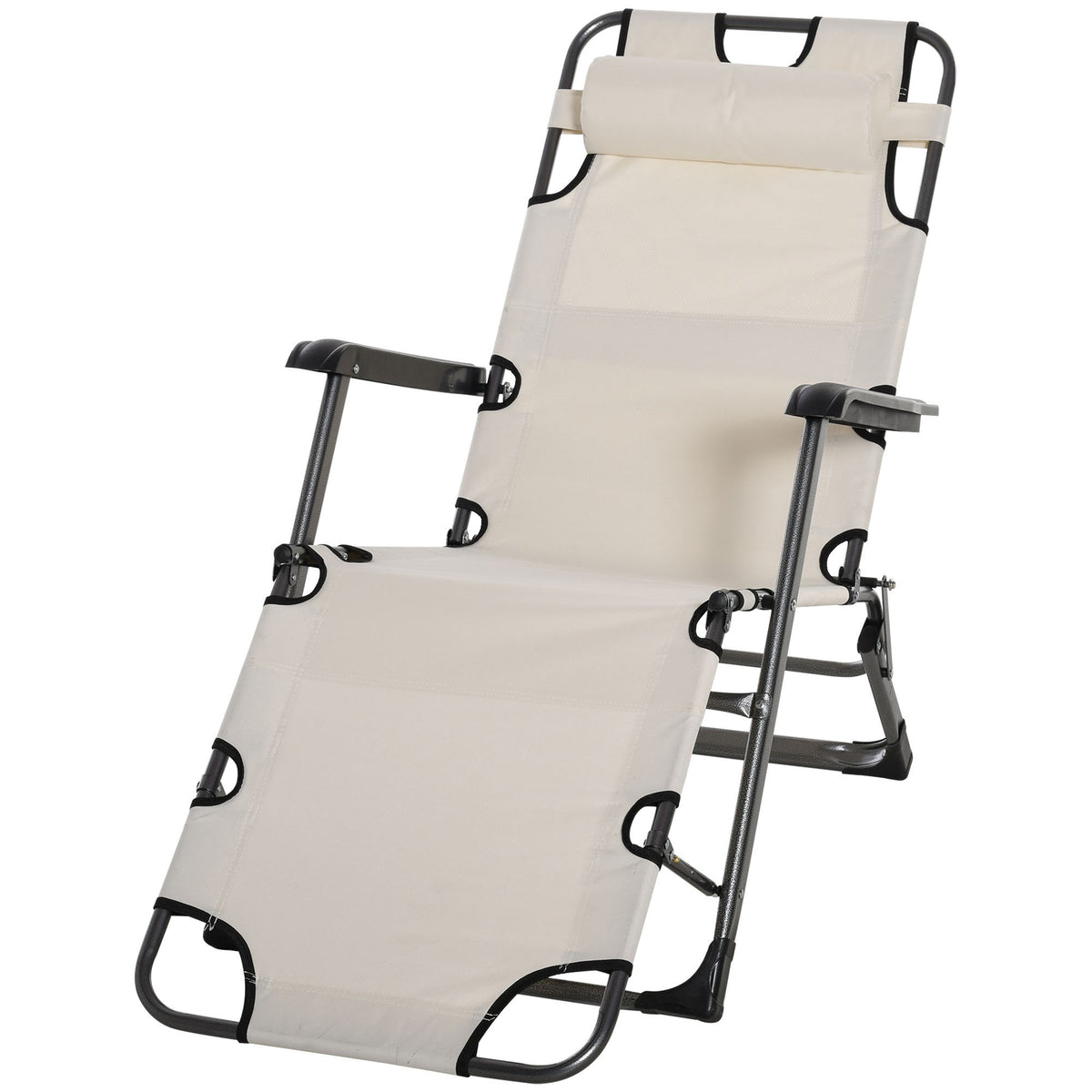 Outsunny Folding Chaise Lounge Chair For Outside, 2 In 1 Tanning Chair With Pillow & Pocket, Adjustable Pool Chair For Beach, Patio, Lawn, Deck, Cream White Cream White Metal