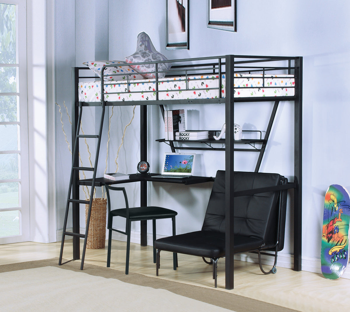 Senon Silver & Black Finish Twin Loft Bed W Desk Black,Silver Metal,Synthetic Wood