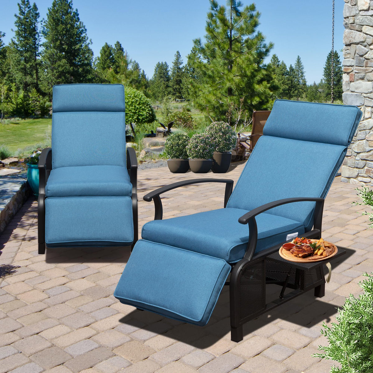Adjustable Patio Recliner Chair Metal Outdoor Lounge Chair With Flip Table Push Back, Adjustable Angle, 6.8'' Removable Cushions, Support 350Lbs, Navy Blue Yes Blue Garden & Outdoor Metal