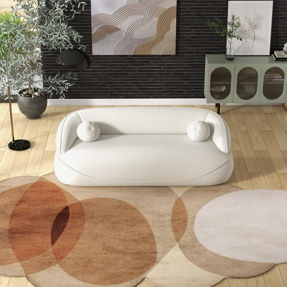 Andrew Beige Boucle Sofa Beige,Ivory White,Light Beige,White Wood Primary Living Space Medium Firm Mid Century Modern Foam Boucle,Solid Wood 3 Seat