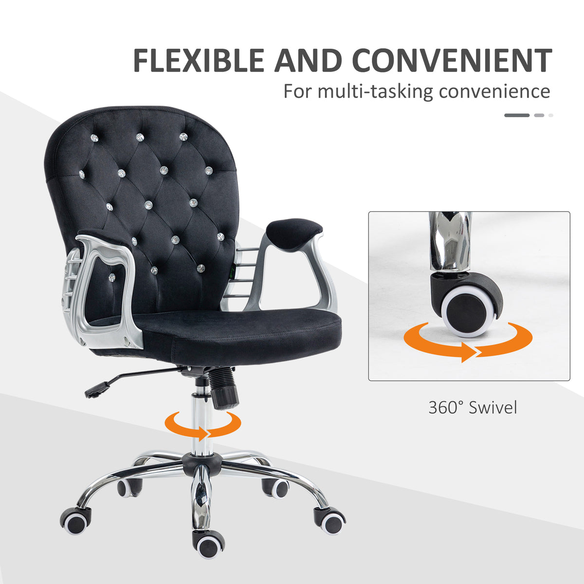Vinsetto Velvet Home Office Chair, Button Tufted Desk Chair With Padded Armrests, Adjustable Height And Swivel Wheels, Black Black Polyester