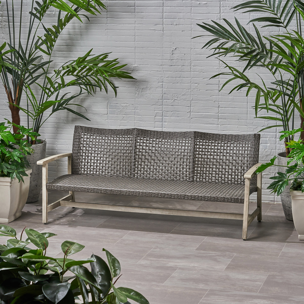Hampton Wood Wicker 3 Seater Grey Metal & Wood