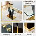 Table And Chair Set. A Rectangular Glass Dining Table With A 0.4 Inch Tempered Glass Tabletop And Mdf Board V Shaped Bracket, Paired With Chairs Consisting Of Pu Seat Cushions And Silver Metal Legs. Black Seats 4 Tempered Glass