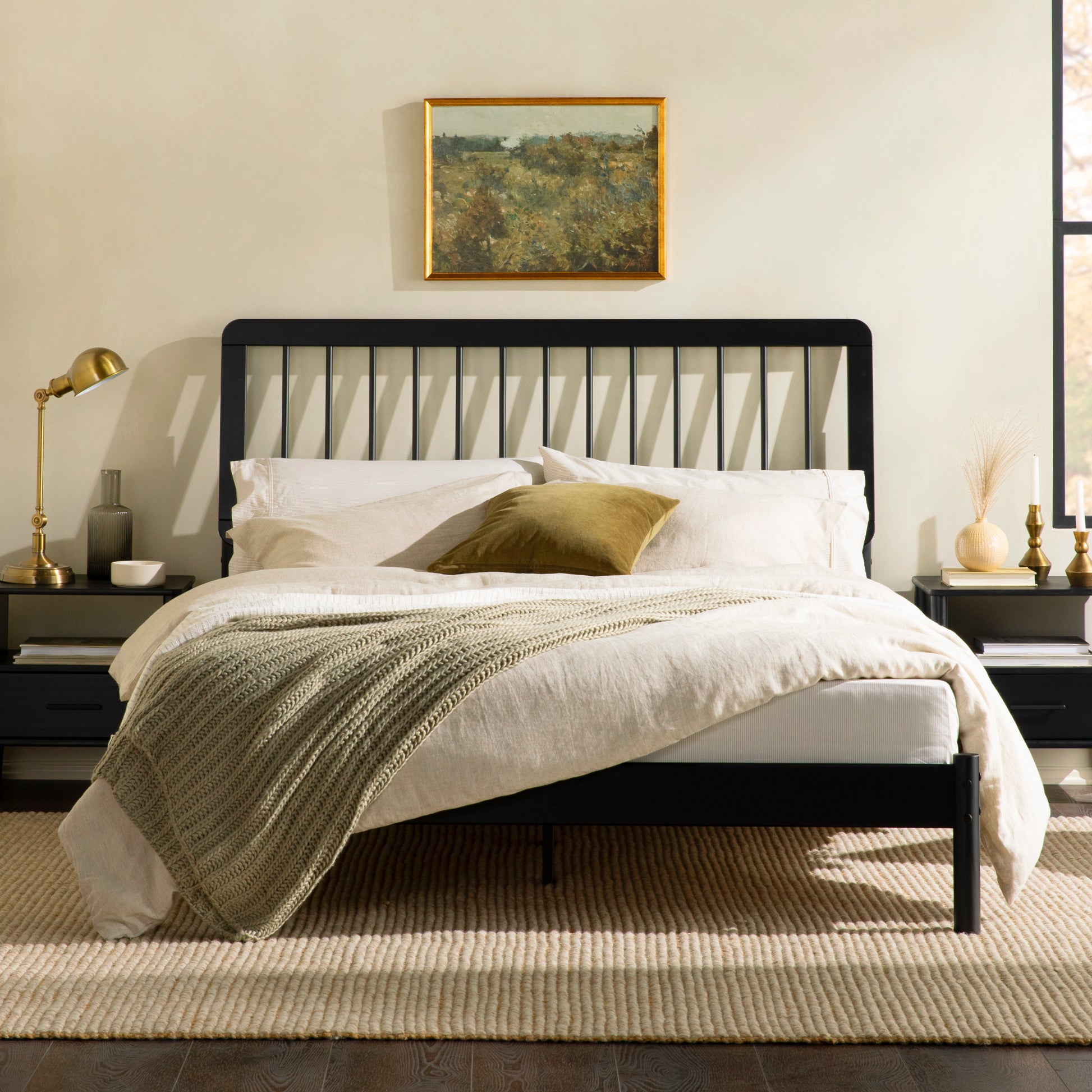 Mid Century Modern Solid Wood Queen Spindle Bed Black Queen Black Pine Pine