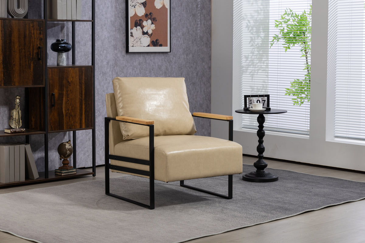 Leather Accent Chair Guest Chair For Living Room, Mid Century Armchair For Bedroom Khaki Pu