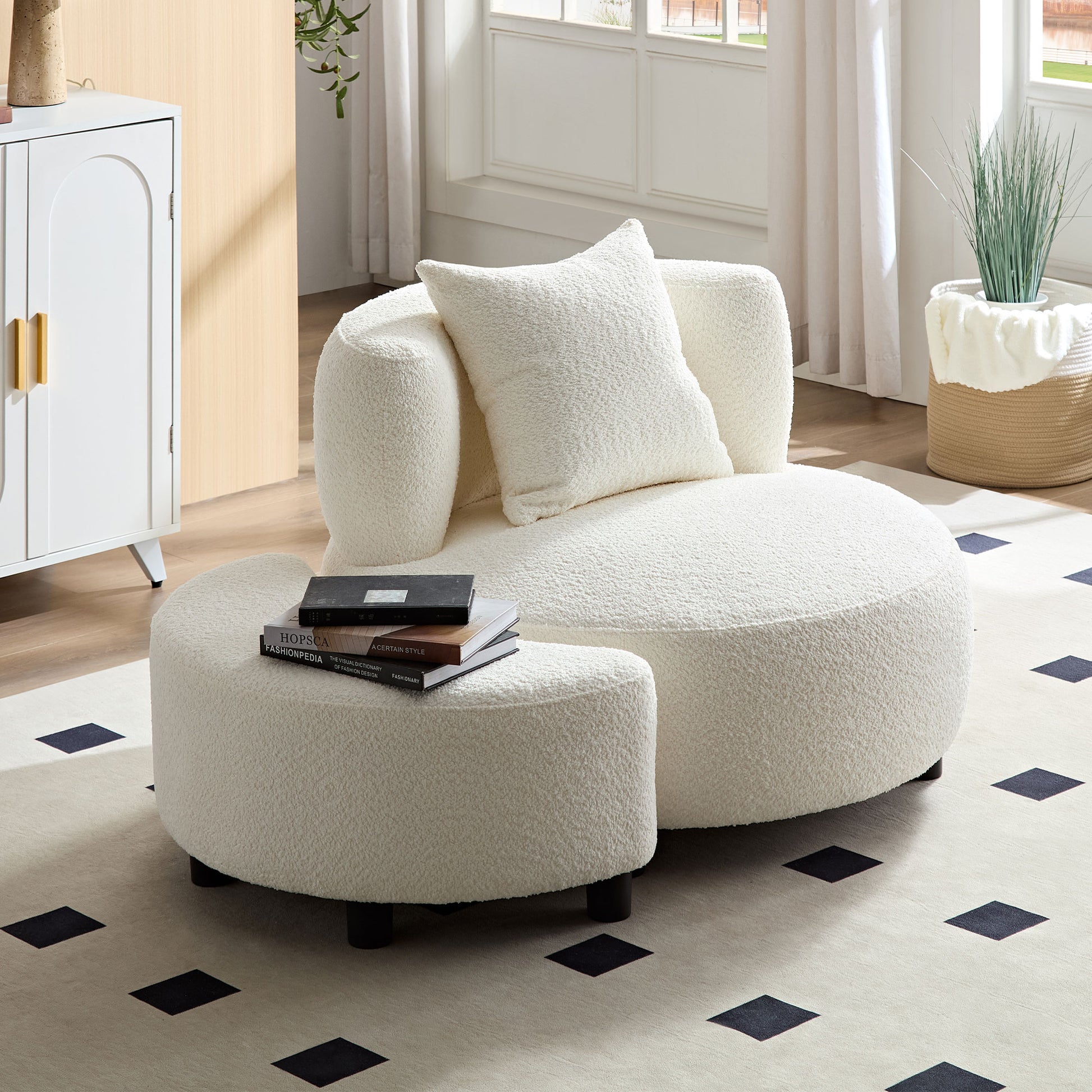 Modern Chair, Single Teddy Fabric Sofa Chair With Ottoman,Sidetable, Foot Rest Comfy Chair For Living Room Bedroom And Office,Beige Beige Foam Fabric