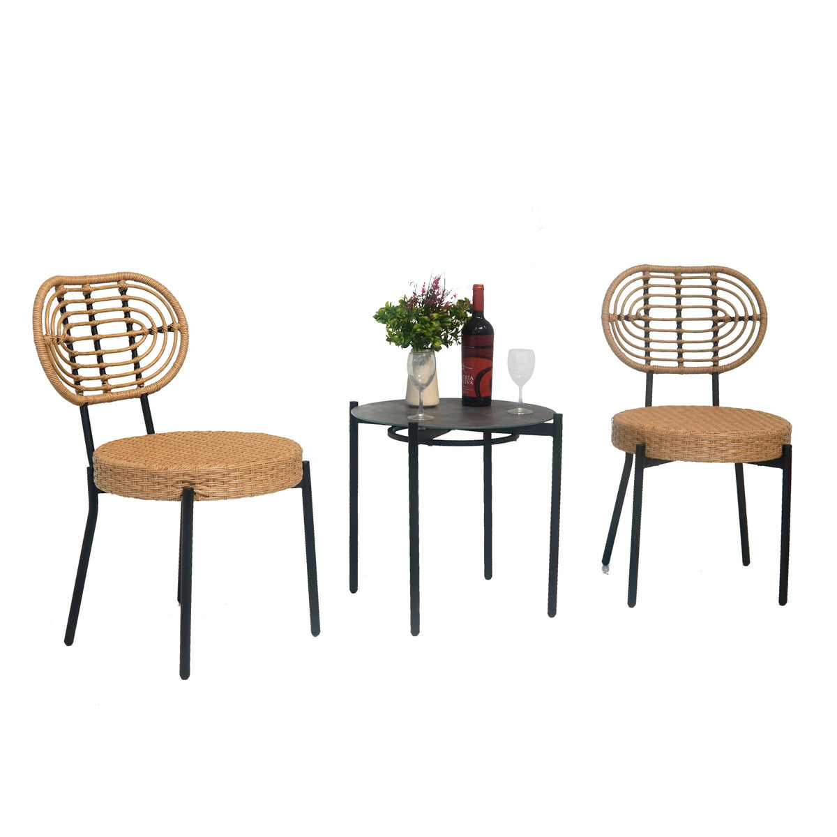 3 Pieces Of Luxury Outdoor Wicker Furniture Patio Bistro Style Table And Chair Combination,Weather Resistant Pe Wicker Weave, Stainless Steel Fame, Suitable For Garden, Terrace,Backyard Casua No Black Natural Seats 2 2 Person Seating Group Steel