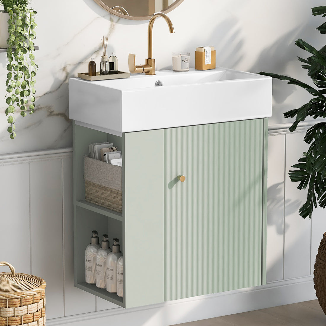 Video 21.6 Inch Modern Floating Bathroom Vanity With Ceramic Basin Perfect For Small Bathrooms, Left Side Storage Green Bathroom Ceramic Mdf