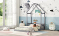 Full Roof Framed Headboard Floor Bed With Headboard Guardrails, Without Slats ,Grey Full Grey American Design Pine
