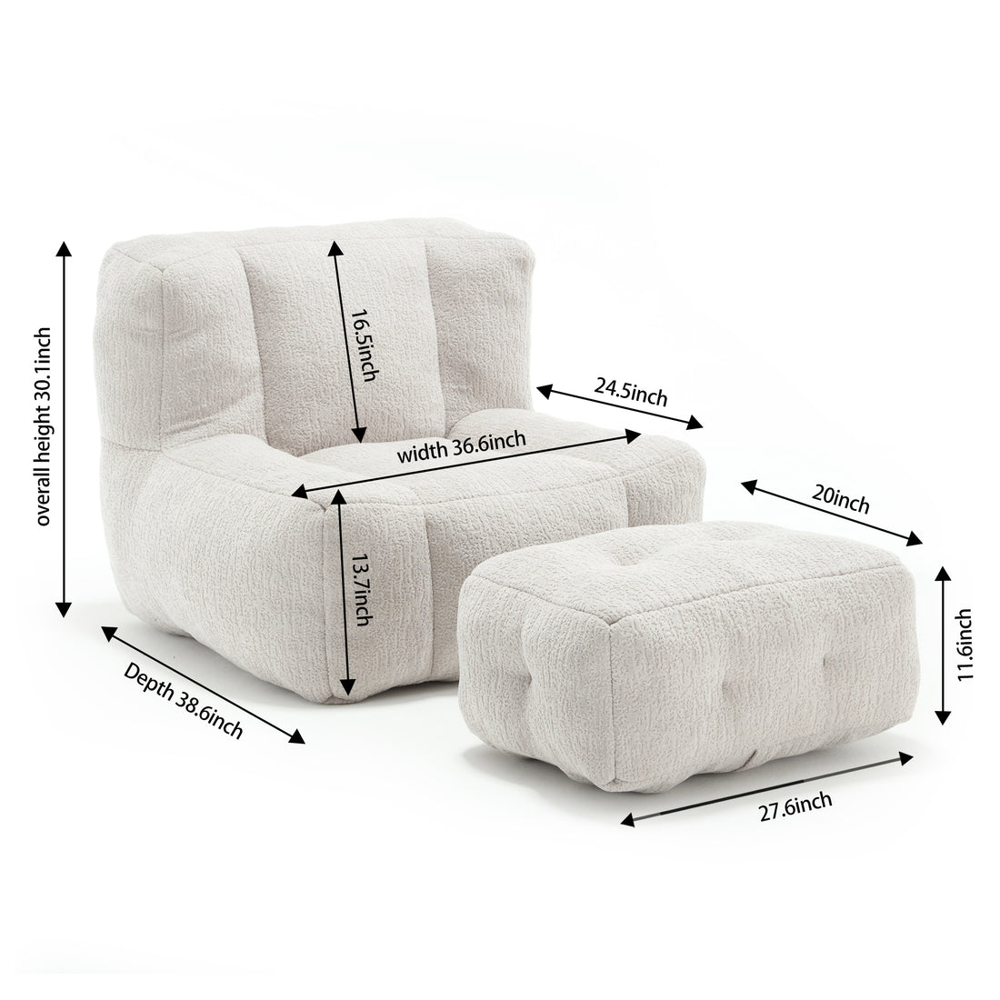 Fluffy Bean Bag Chair, Comfortable Bean Bag For Adults And Children, Super Soft Lazy Sofa Chair With Memory Foam And Ottoman, Indoor Modern Focus Bean Bag Chair For Living Room, Bedroom, Apartment Light Grey Velvet