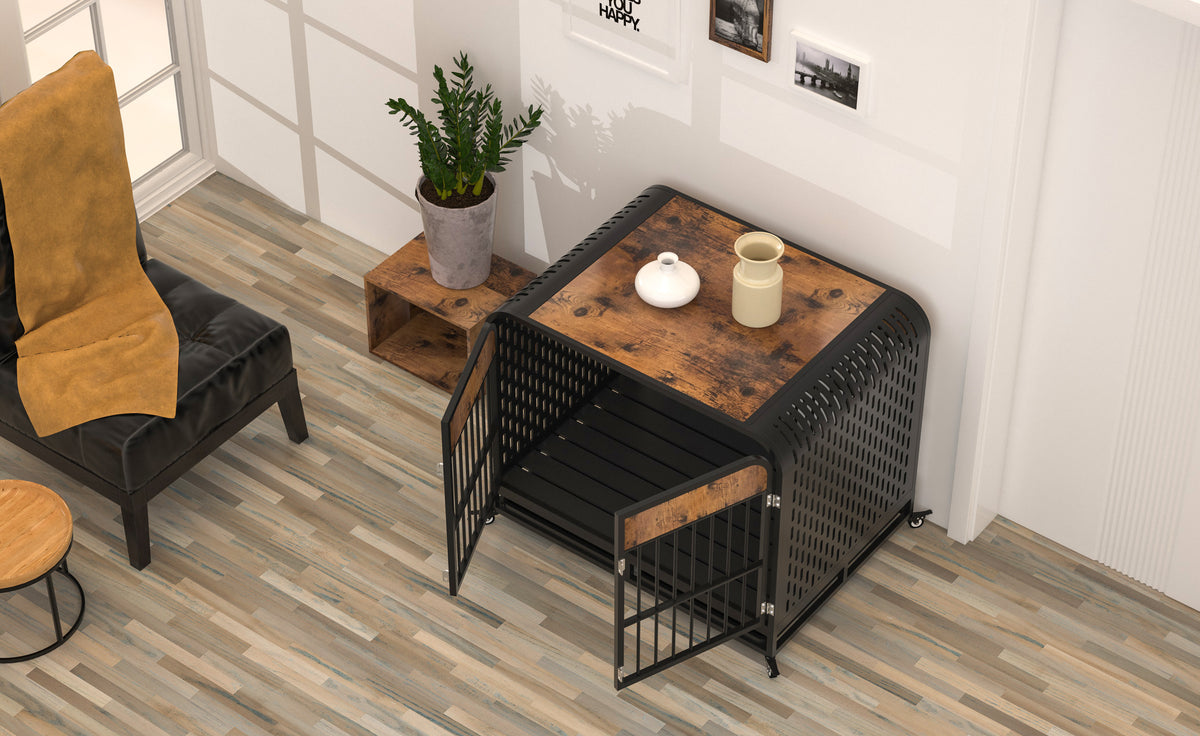 Heavy Duty Dog Crate Furniture Wooden Table Pet Dog Cage Kennel House Indoor Side End Table Decor With Removable Trays And Lockable Wheels For Medium And Large Dogs 42" Brown Brown Outdoor Kennel Large 41 70 Lbs Mdf Steel