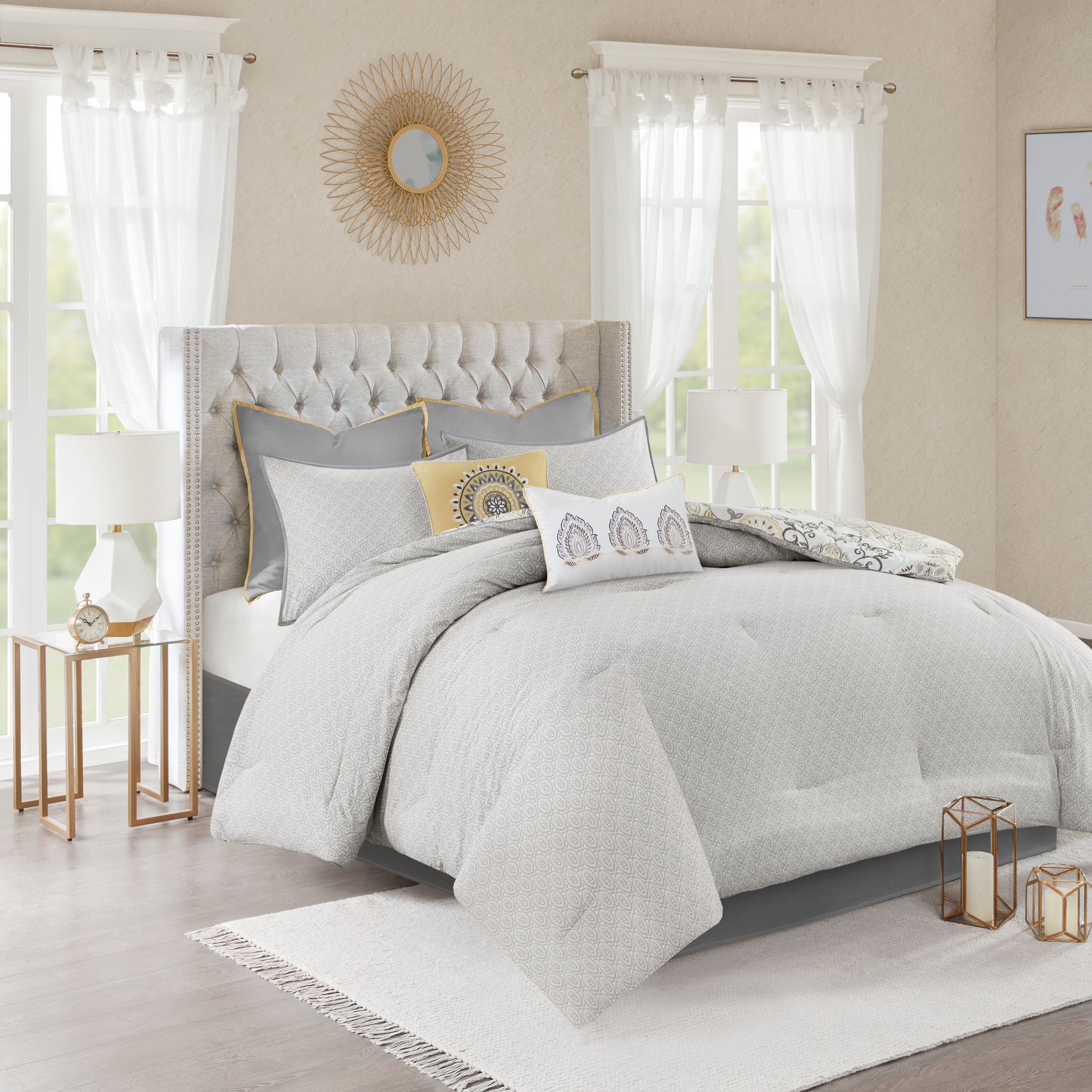 8 Piece Cotton Floral Printed Reversible Comforter Set Yellow Queen Queen Yellow Cotton
