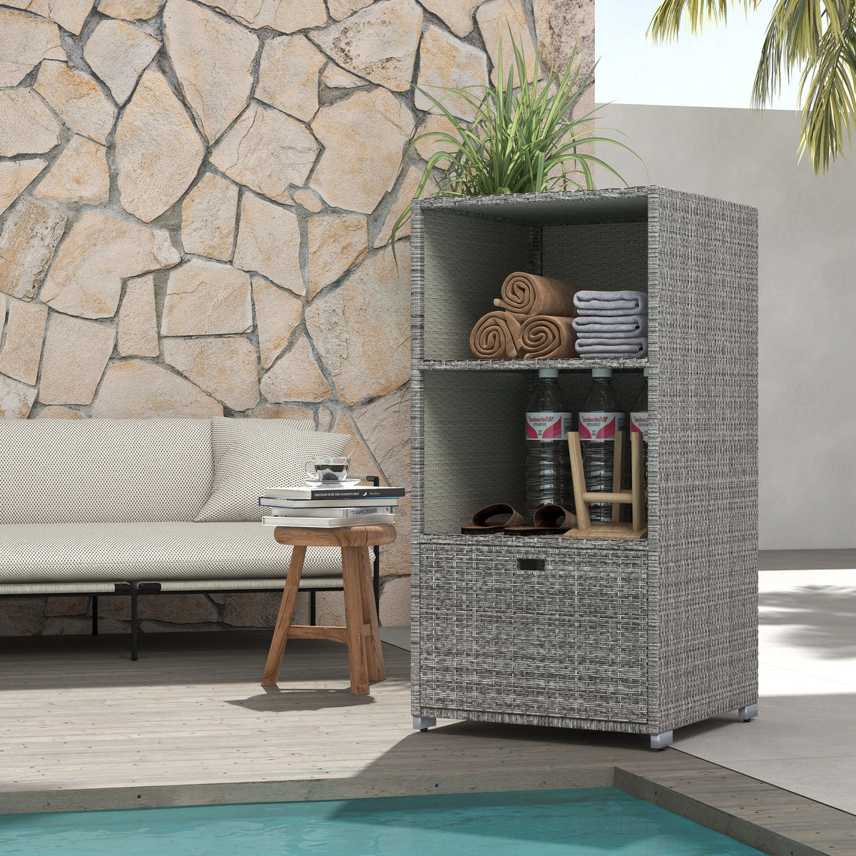Outsunny Valet Pool Towel Rack, Waterproof Pe Plastic Rattan Wicker Storage Organizer, Indoor Outdoor Spa, And Hot Tub Accessory Storage, 2 Shelves, 1 Basket Drawer, Mixed Gray Dark Grey Rattan