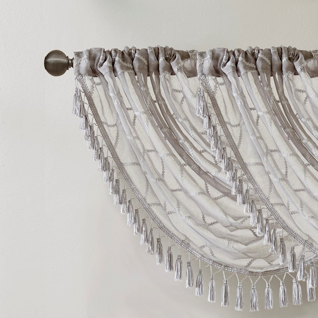Diamond Sheer Embroidered Waterfall Valance Grey 38X46" Grey Polyester