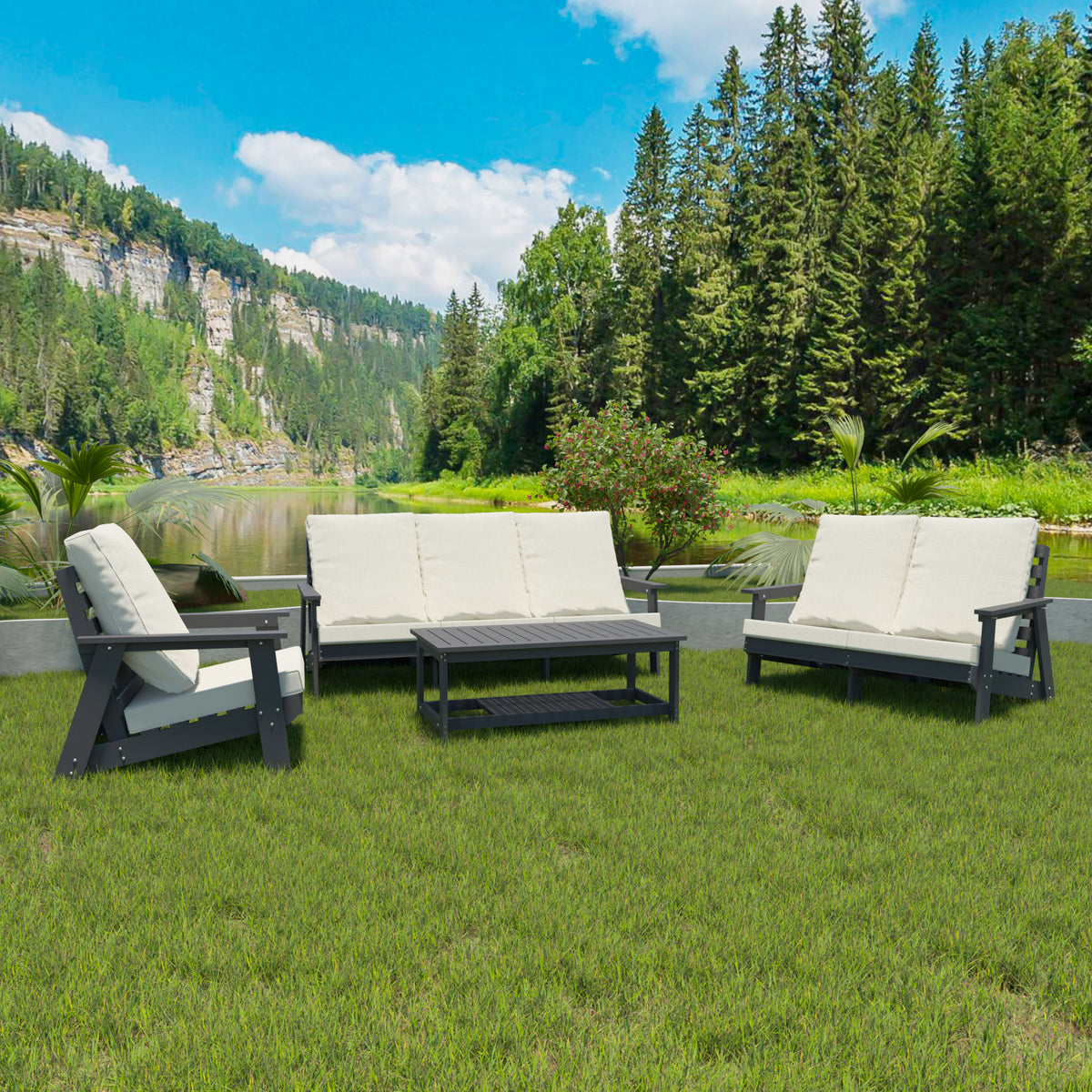 Hips 3 Seater Sofa With Cushion, Outdoor Garden Sofa, Sofa Set For Porch, Poolside, Terrace, And Yard Grey Beige Grey Hdpe