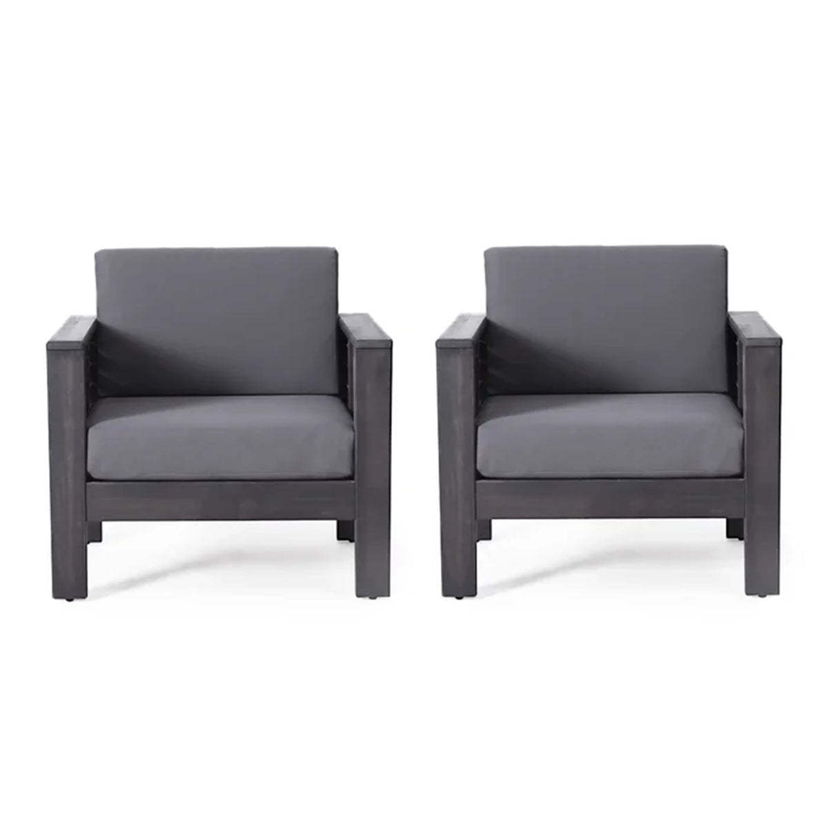 Set Of 2 Outdoor Acacia Wood Club Chairs With Cushions, Dark Gray, 27.75"D X 32"W X 27.75"H Yes Grey Foam Acacia Wood