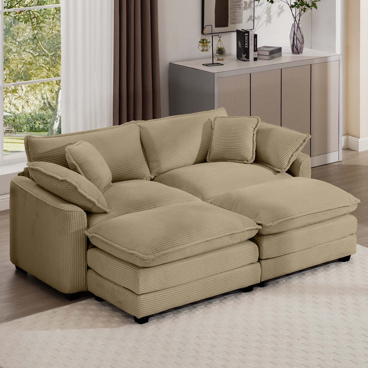 Corduroy Two Seater Sofa With 2 Footrest, 2 Seater Sofa With Ottoman For Small Living Spaces, Tan Corduroy Sofa Tan Corduroy 2 Seat