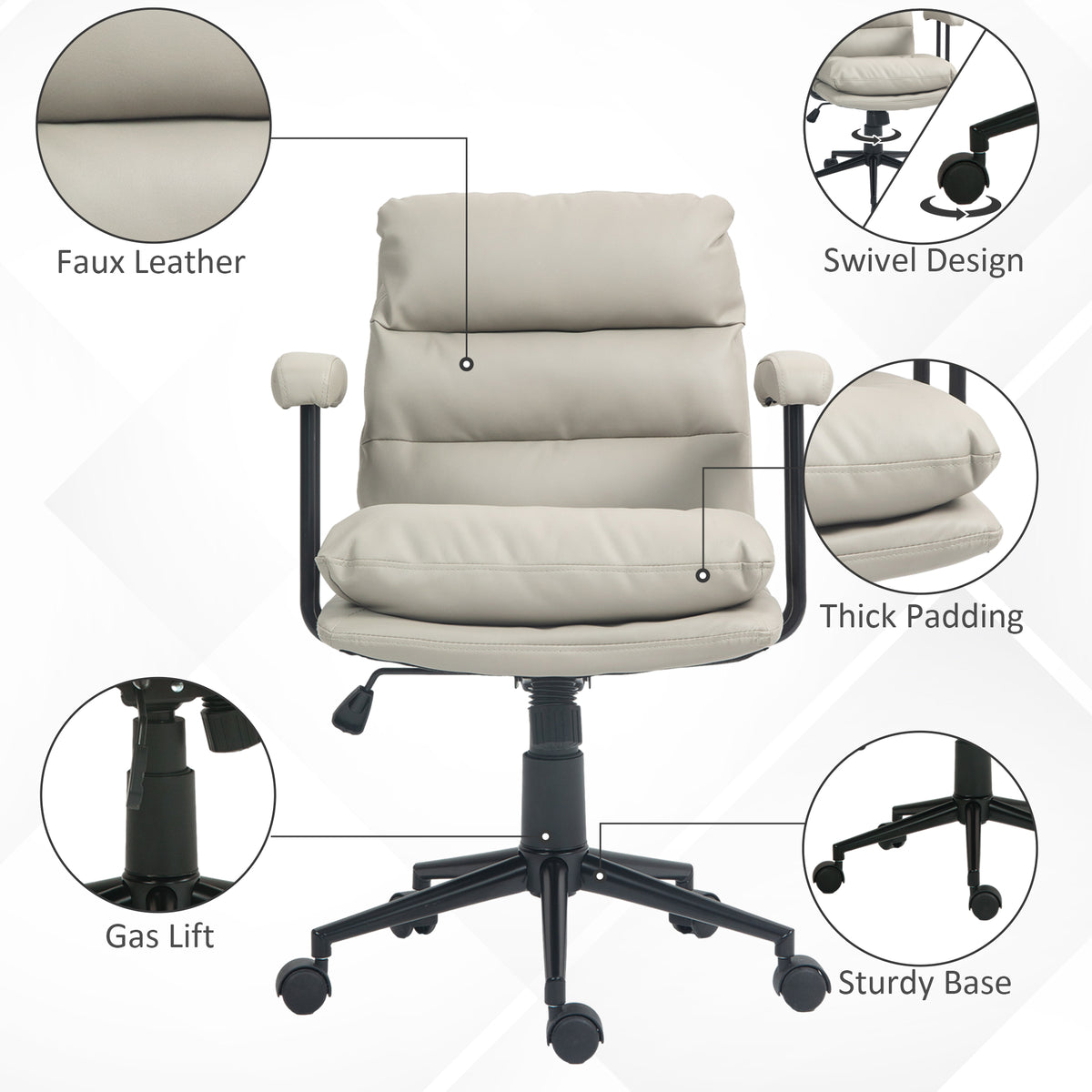Homcom Pu Leather Office Chair, Office Desk Chair, Task Computer Chair With Swivel Wheels, Adjustable Height, Double Tier Padded, Light Gray Light Gray Faux Leather