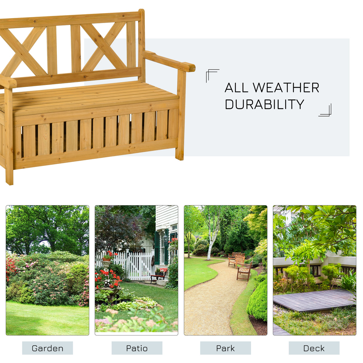 Outsunny Patio Wooden Bench With Storage Box, 29 Gallon Outdoor Storage Bench, Large Entryway Deck Box W Unique X Shape Back, For Deck, Porch & Balcony, Yellow Yellow Wood