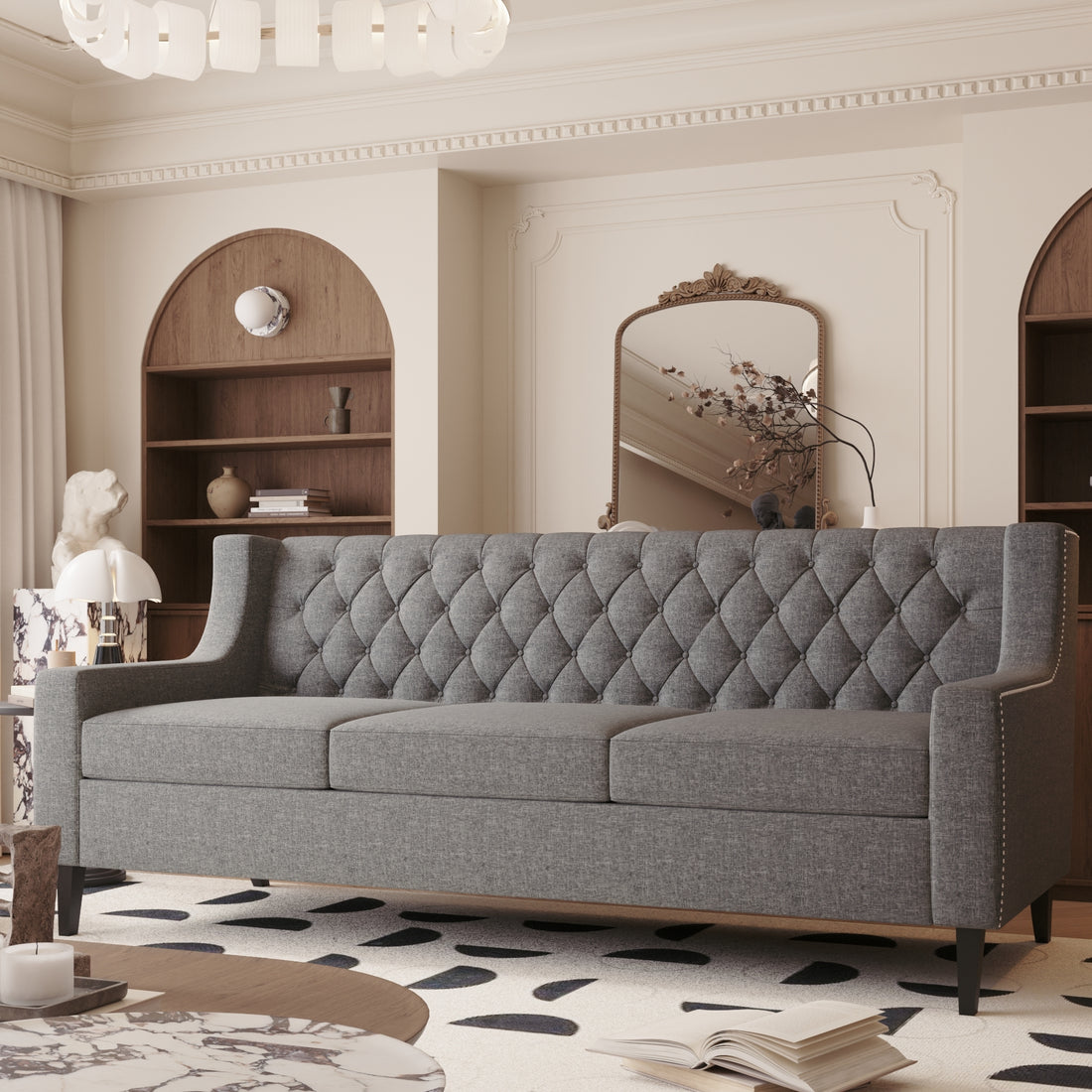 78.75'' 3 Seater Sofa, Button Tufted Backrest With Comfy Cushion, Mid Century Modern Couches For Living Room, Upholstered Comfy Sofa Couch For Bedroom, Apartment Grey Polyester 3 Seat