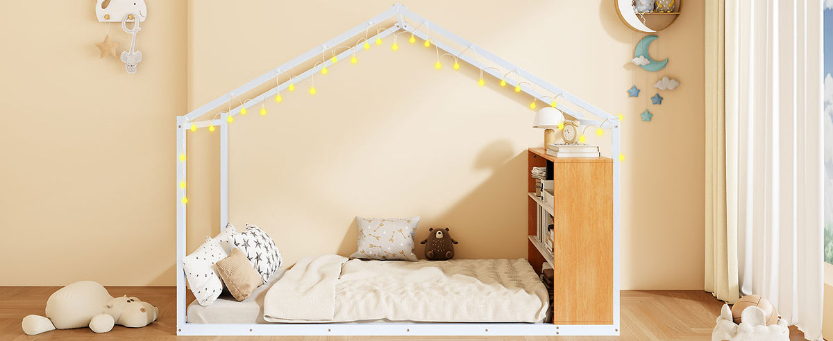 Twin Size Metal Bed House Bed Frame With Shelves And Lights, White Twin White Metal & Wood