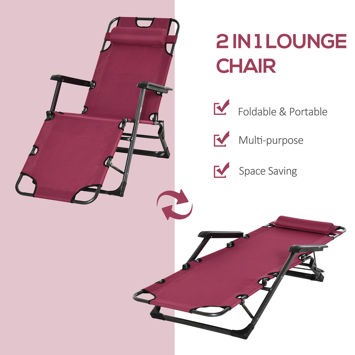 Outsunny Folding Chaise Lounge Chair For Outside, 2 In 1 Tanning Chair With Pillow & Pocket, Adjustable Pool Chair For Beach, Patio, Lawn, Deck, Red Red Metal