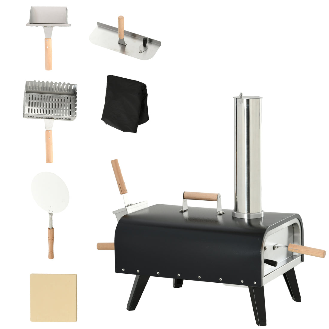 Outsunny Outdoor Pizza Oven With 12" Stone, Peel And Cover, Portable Pellet Wood Fired Pizza Maker With Foldable Legs, Stainless Steel Pizza Grill For Outside, Backyard, Outdoor Kitchen Black Steel