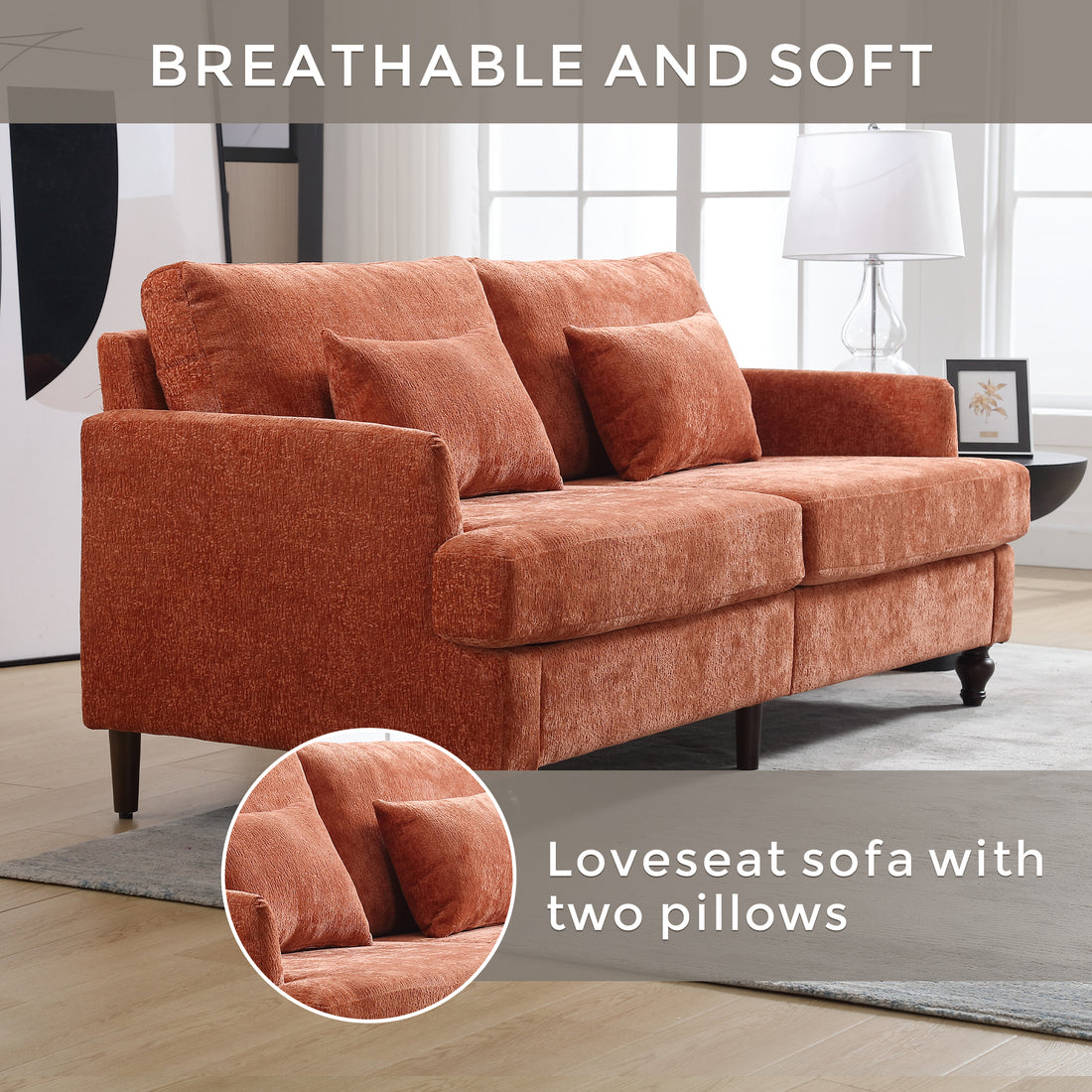 Coolmore Mid Century Modern Chenille Fabric Loveseat Sofa, 2 Seat Upholstered Loveseat Sofa Modern Couch For Living Room,Brown Wood Feet Sofa For Bedroom, Reading Orange Chenille Dark Orange Chenille 2 Seat