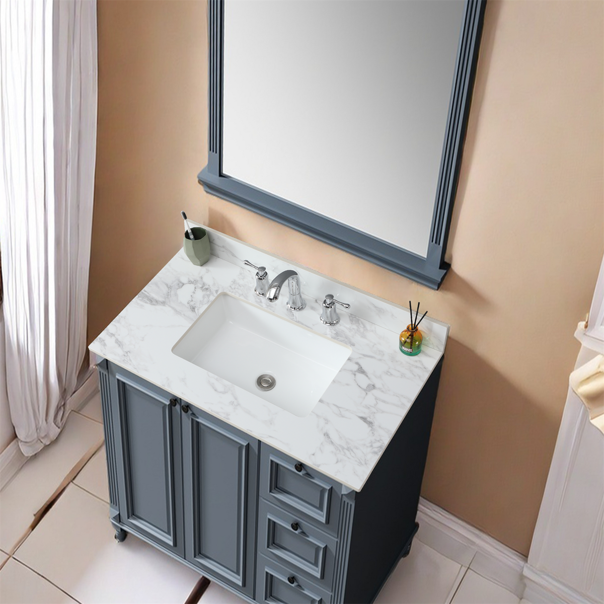 37"X22"Bathroom Vanity Top,Sintered Stone Carra Whitebarthroom Vanity Sink Tops With Rectangular Undermount Ceramic Sink With Vanity Backsplash, Three Faucet Hole Bathroom Vanity Countertop White