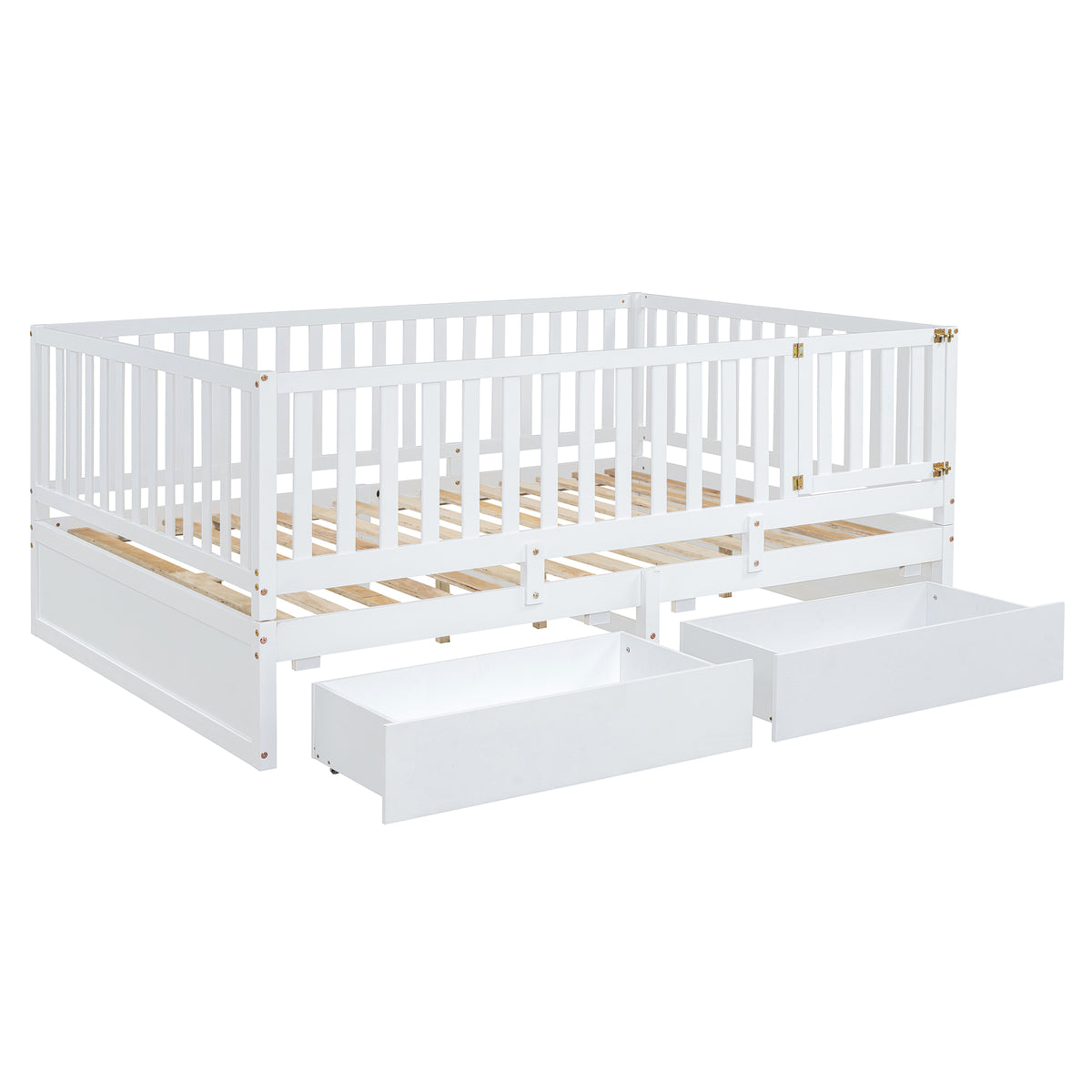 Full Size Wood Daybed With Fence Guardrails And 2 Drawers, Split Into Independent Floor Bed & Daybed, White Old Sku :Lp000882Aak Full White Solid Wood Mdf