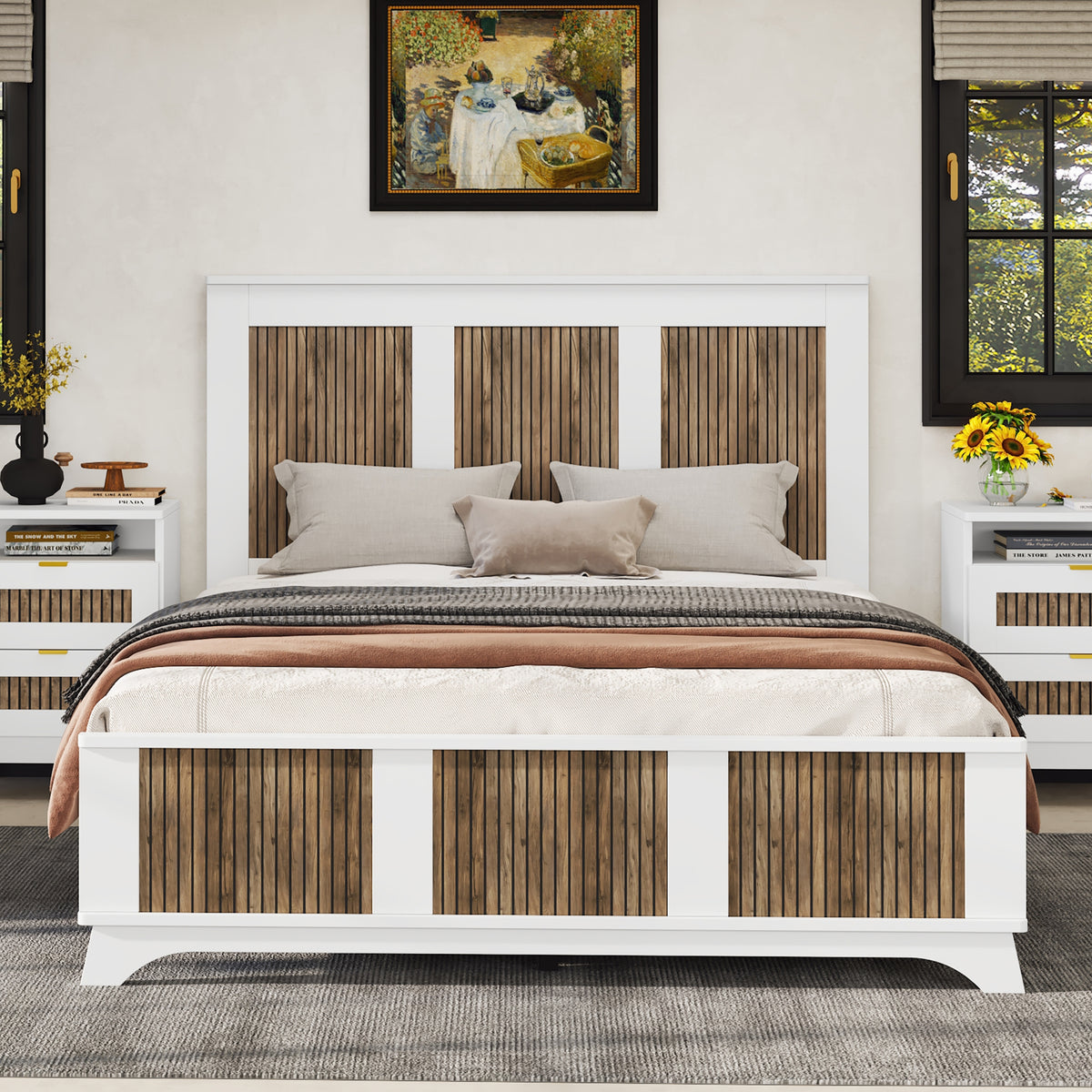Farmhouse Wooden Platform Queen Size Bed, Modern Platform Bed With Wooden Strip Decoration, Plywood Slats Support, White Queen White Particle Board