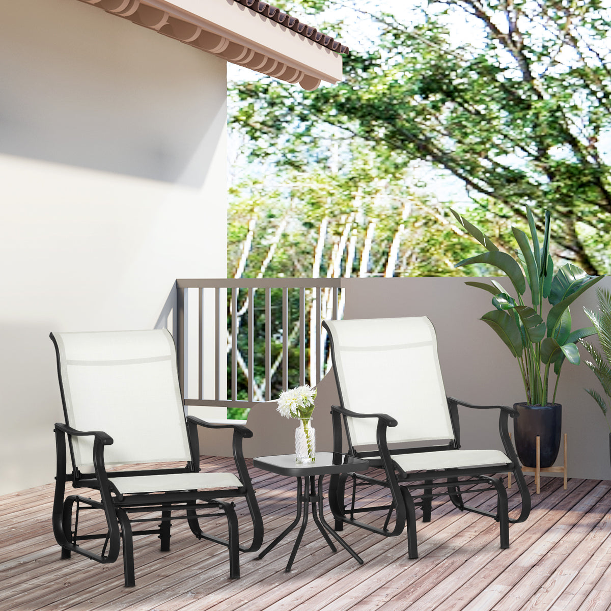 Outsunny 3 Piece Outdoor Gliders Set Bistro Set With Steel Frame, Tempered Glass Top Table For Patio, Garden, Backyard, Lawn, Cream White Cream White Steel