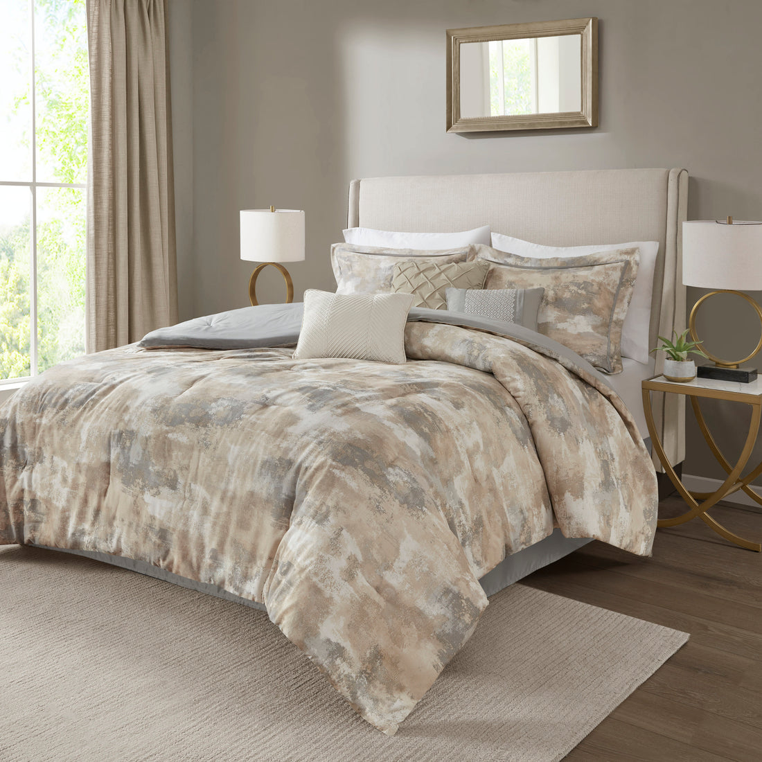 7 Piece Textured Cotton Blend Comforter Set Gray Queen Queen Multicolor Polyester