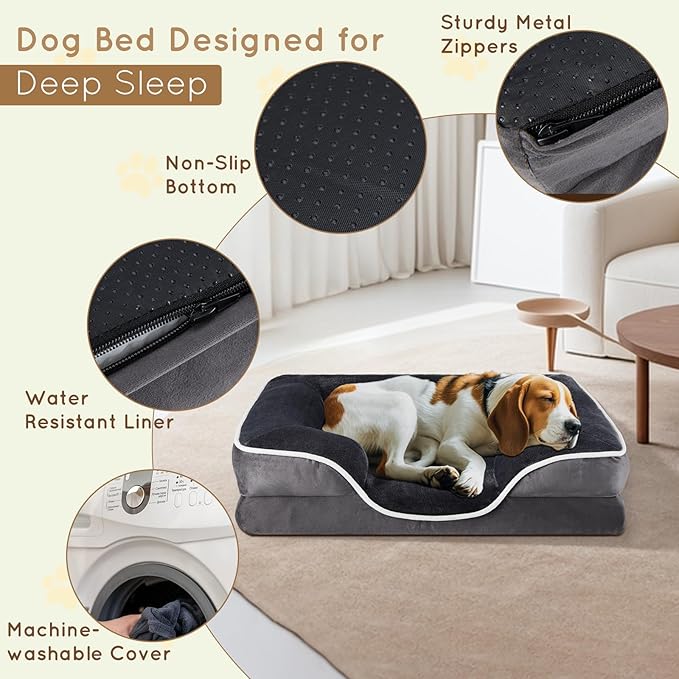 42'' Orthopedic Dog Bed For X Large Dog, Memory Foam Dog Bed, Egg Crate Foam Dog Couch Bed With Washable Removable Cover, Grey Grey Faux Fur