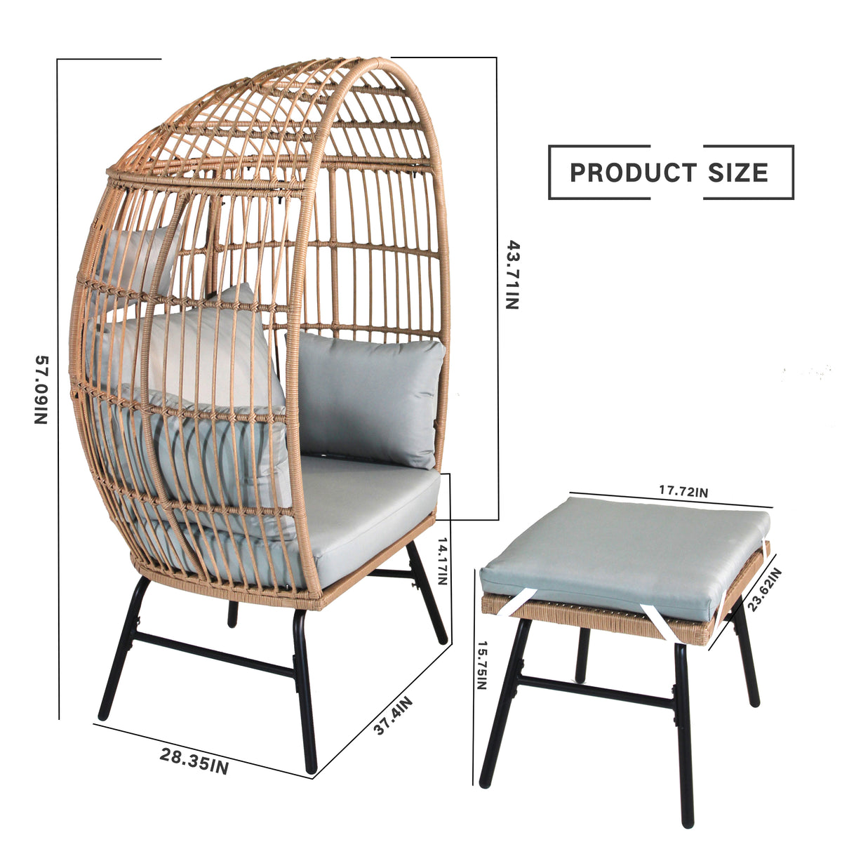 Outdoor Garden Wicker Egg Chair And Footstool Patio Chaise, With Cushions, Outdoor Indoor Basket Chair Yes Blue Neutral Seats 2 Garden & Outdoor European,Modern Steel