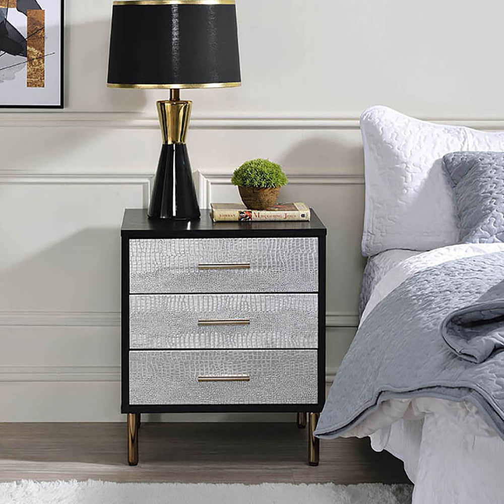 Black, Silver And Gold 3 Drawer Nightstand With Metal Leg White Black 3 Drawers Bedroom Rectangle Glam Drawers Wood Metal